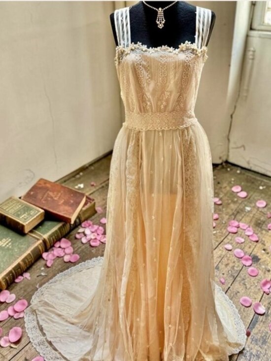 Dresses & Skirts - Romantic Cream Lace Bridal Gown with Sheer Overlay